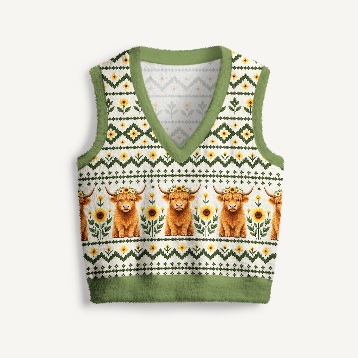 Spring Highland Cow Print V-Neck Sweater Vest