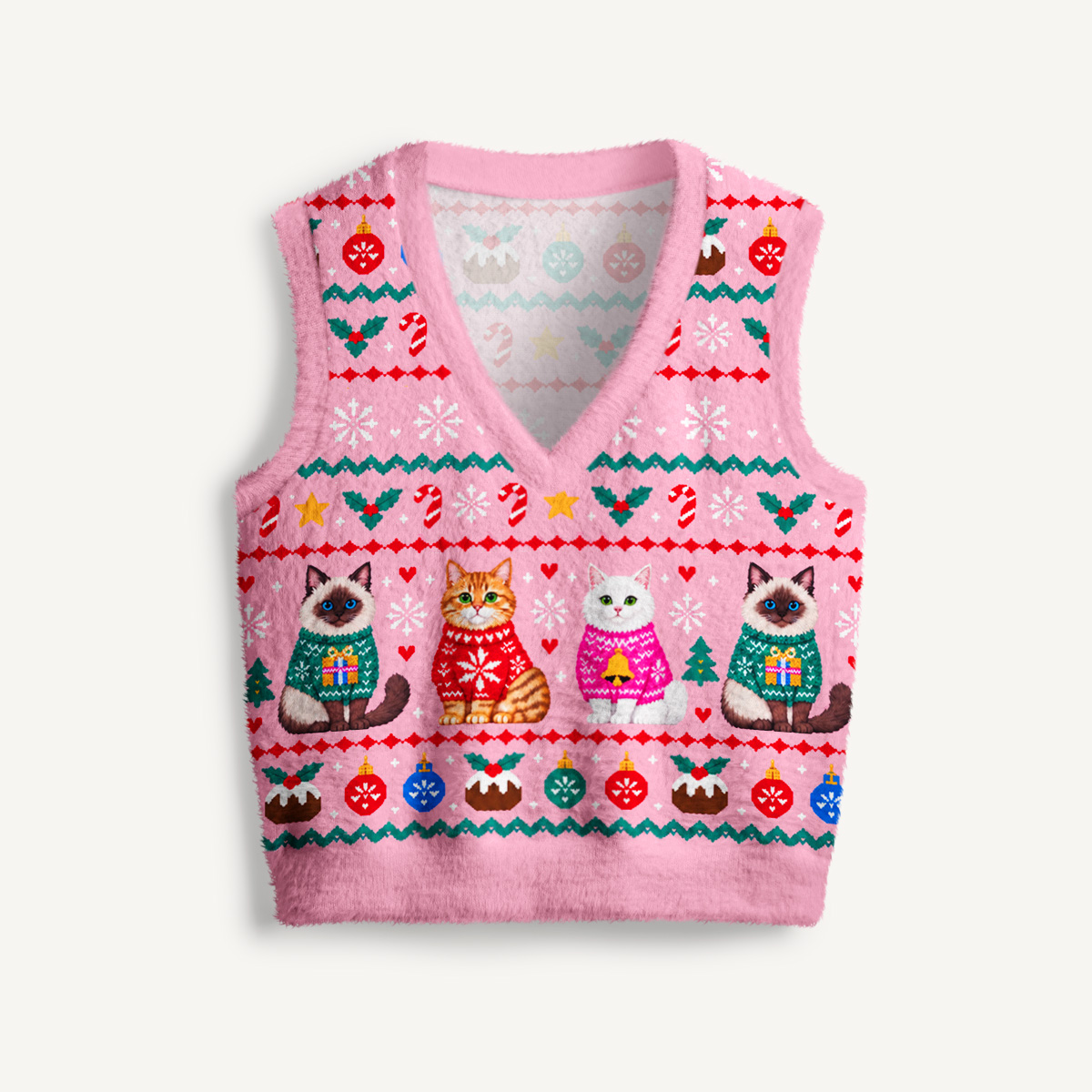 Christmas Cats Holiday Print V-Neck Sweater Vest