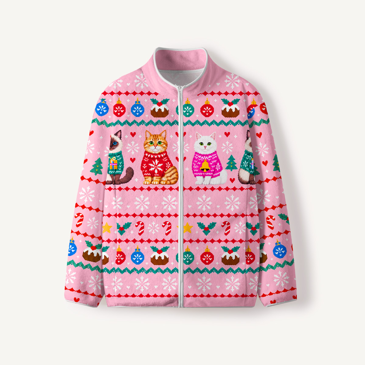 Christmas Cats Holiday Print Fleece Jacket