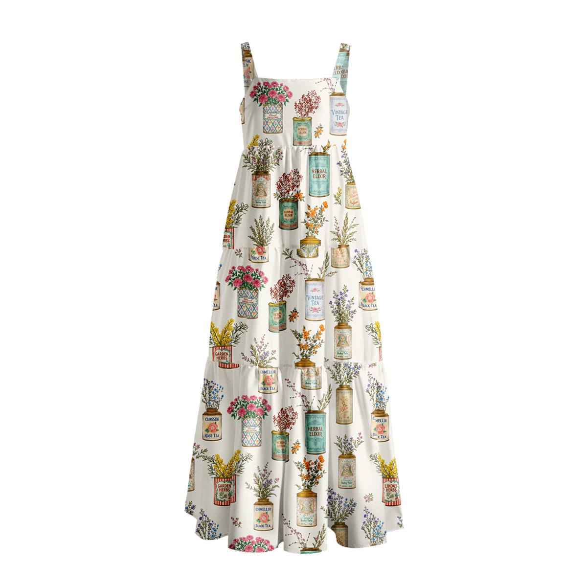 Vintage Tea Cans Print Wide Straps Maxi Dress With Pockets