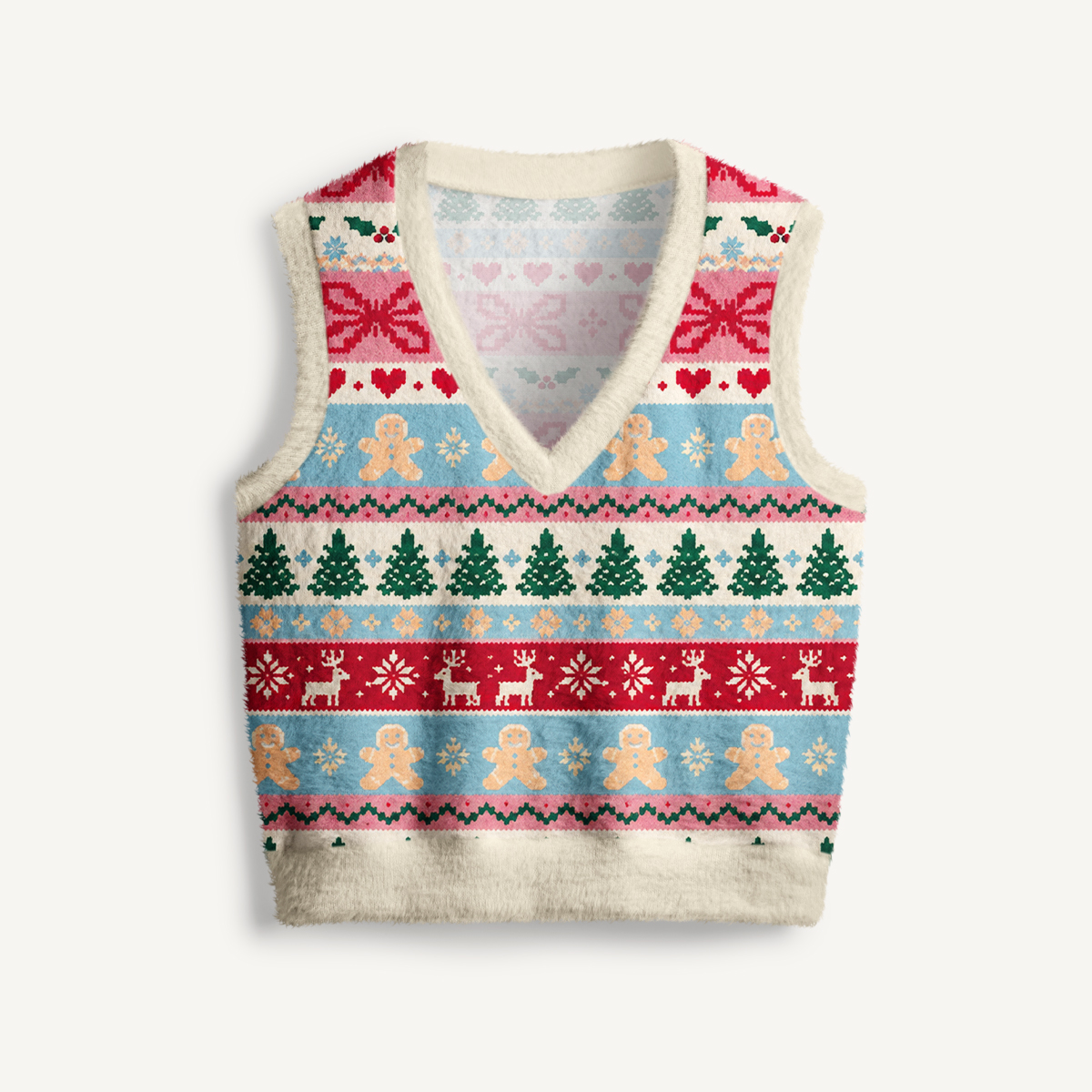 Gingerbread Holiday Knit Print V-Neck Sweater Vest
