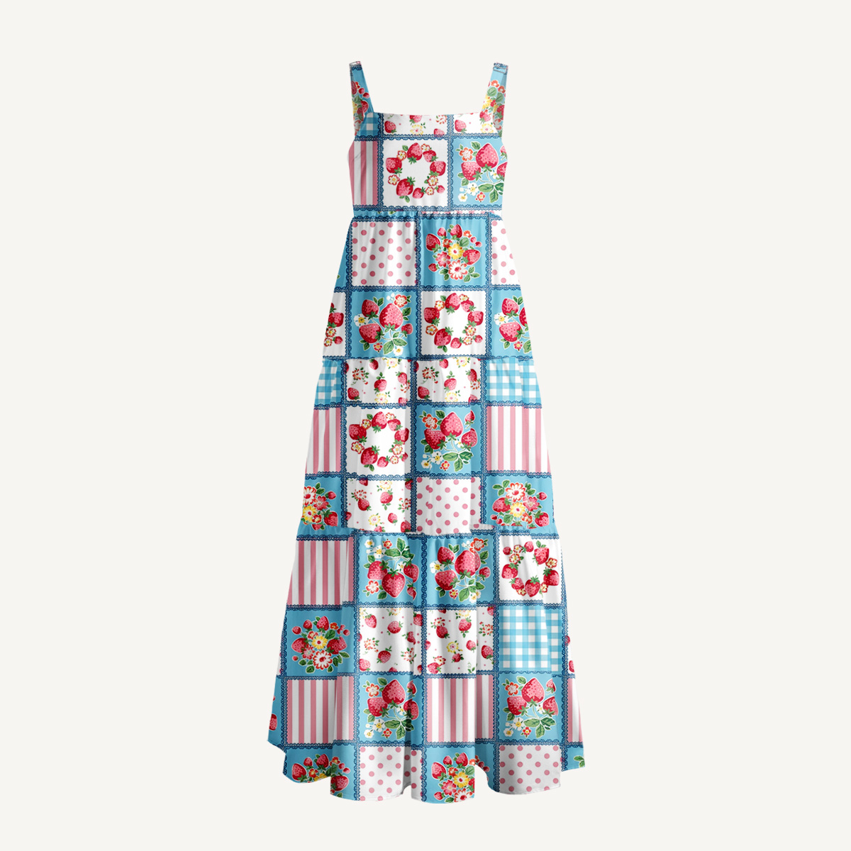  Strawberry Patchwork Print Wide Straps Maxi Dress With Pockets