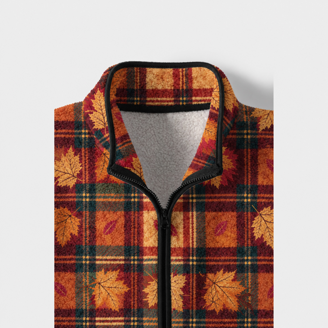 Autumn Leaves Plaid Print Fleece Jacket