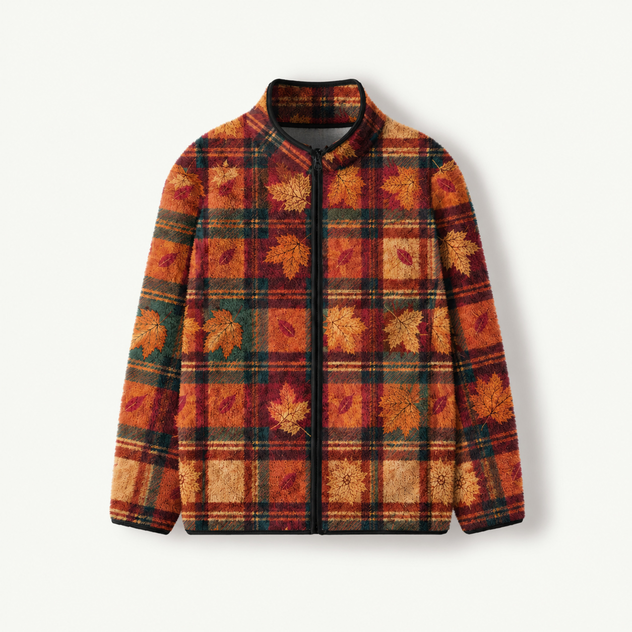Autumn Leaves Plaid Print Fleece Jacket