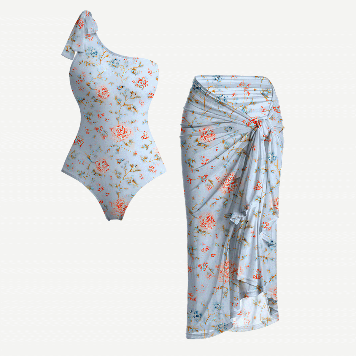 Blue Rose Floral One Shoulder One Piece Swimsuit and Matching Sarong Set for Women