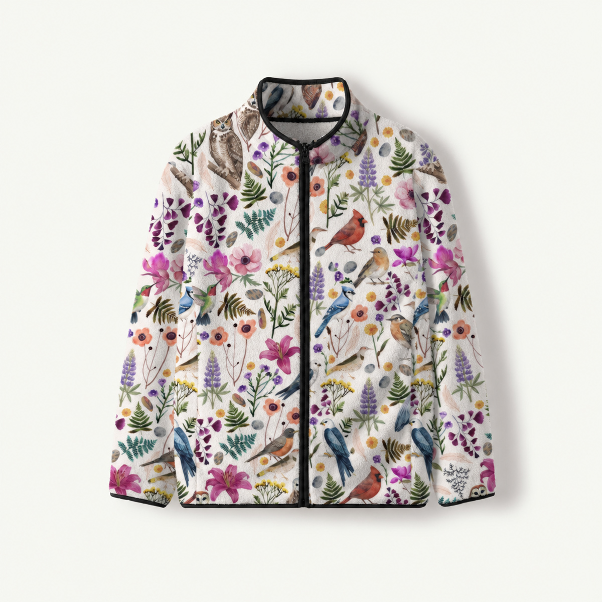 Whimsical Woodland Birds Wildflowers Print Fleece Jacket