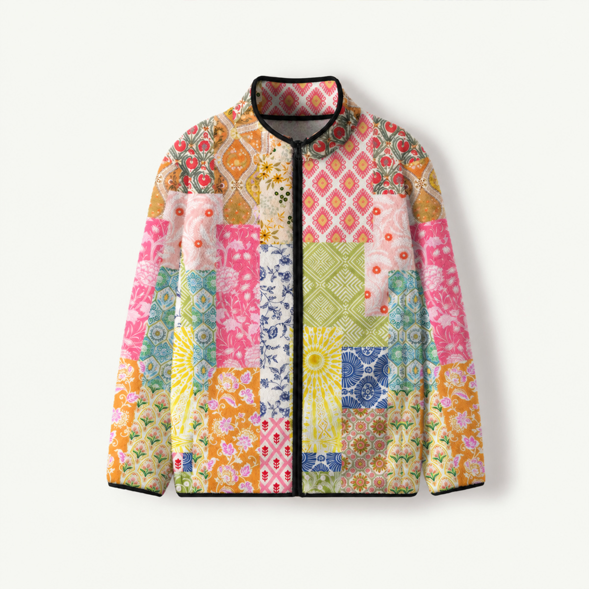 Colorful Bohemian Patchwork Print Fleece Jacket