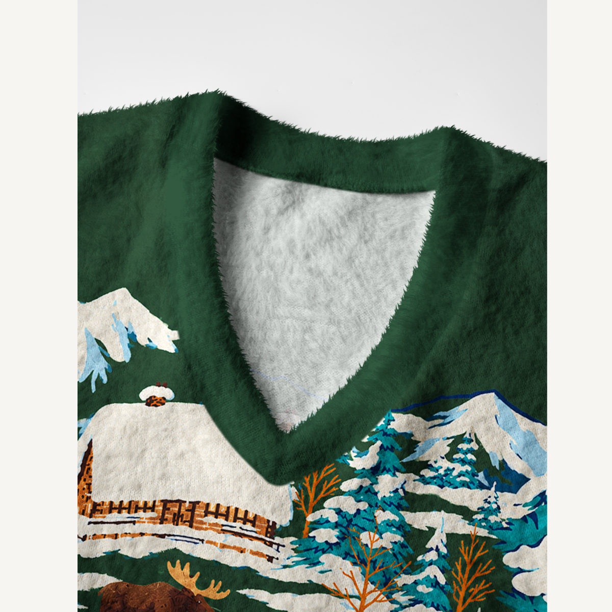 Snowy Cabin Moose Family Print V-Neck Sweater Vest
