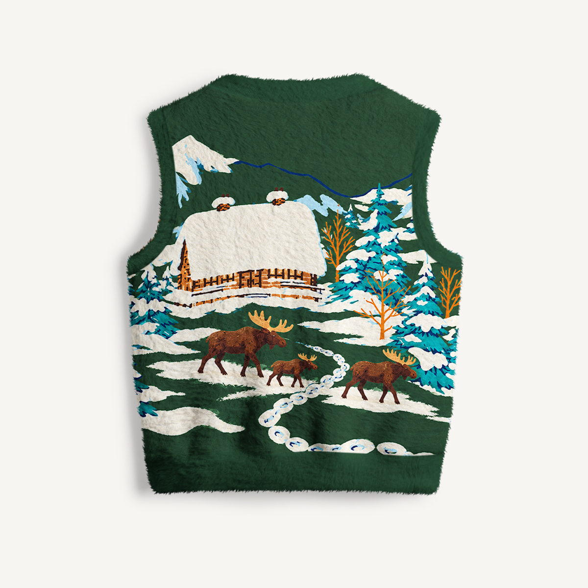Snowy Cabin Moose Family Print V-Neck Sweater Vest