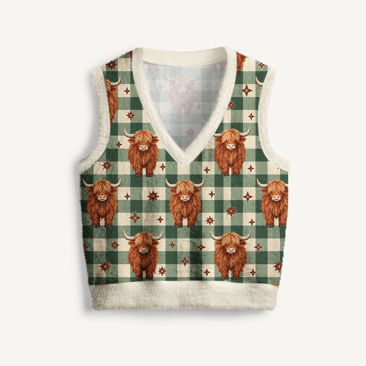 Highland Cow Plaid Print V-Neck Sweater Vest