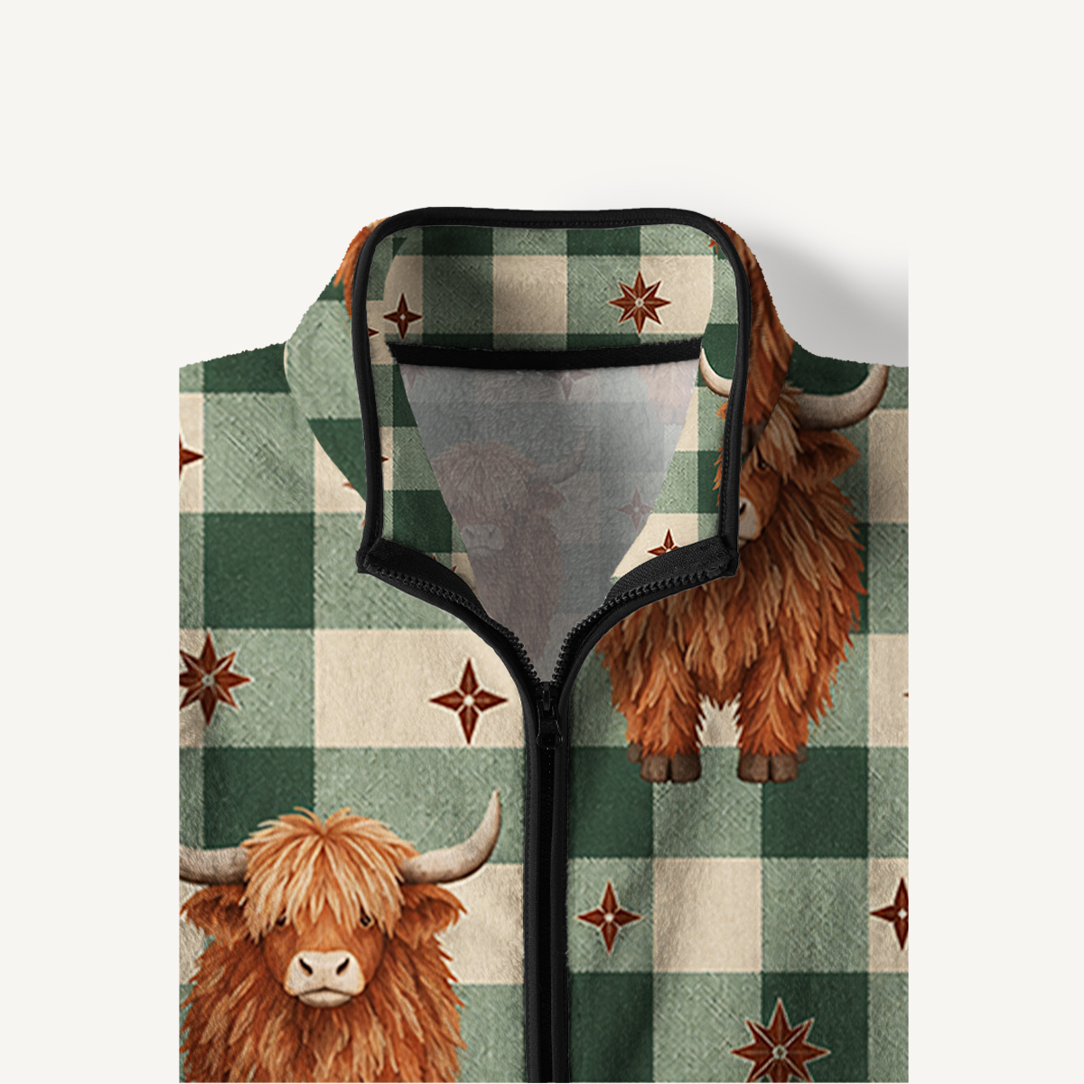 Highland Cow Plaid Print Fleece Jacket