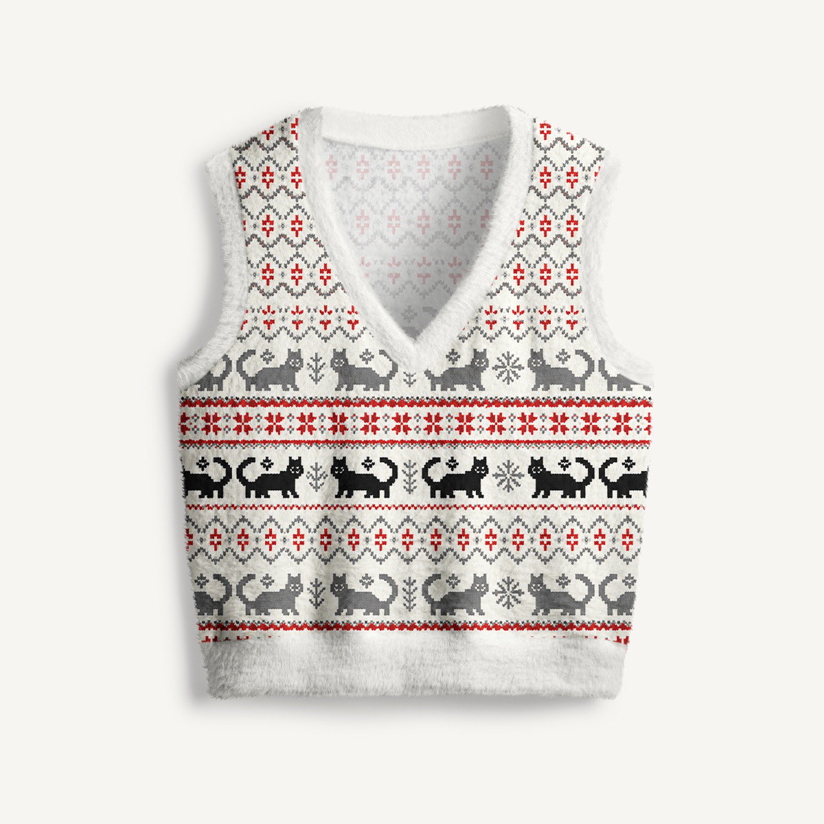 Nordic Fair Isle Cats Print V-Neck Sweater Vest