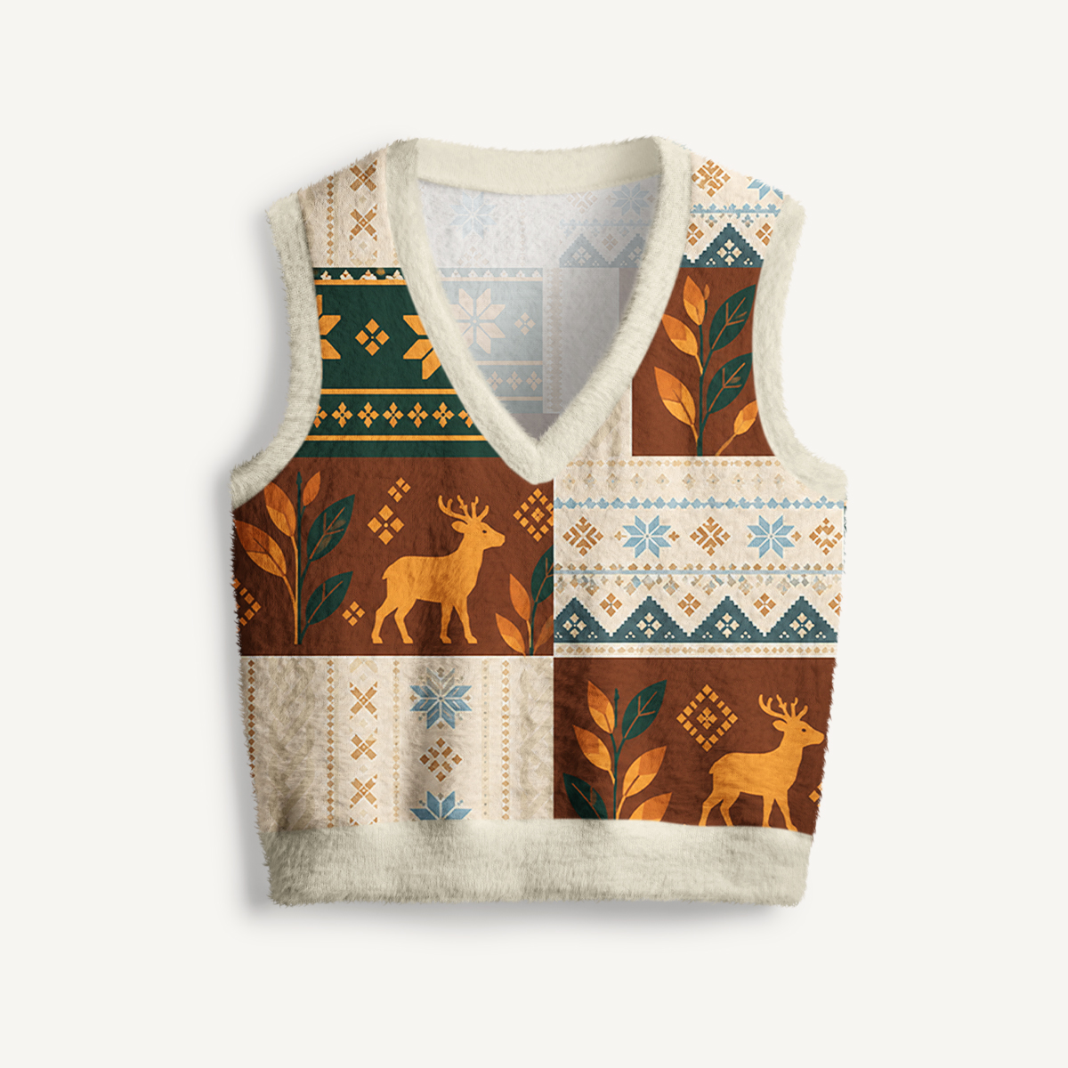 Forest Reindeer Cabin Quilt Print V-Neck Sweater Vest