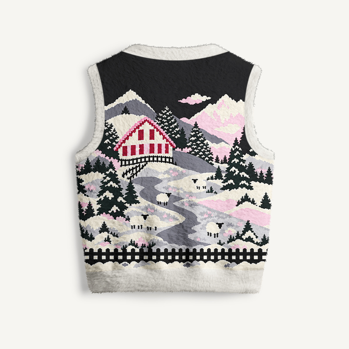 Pink Snowy Cabin Valley Print V-Neck Sweater Vest