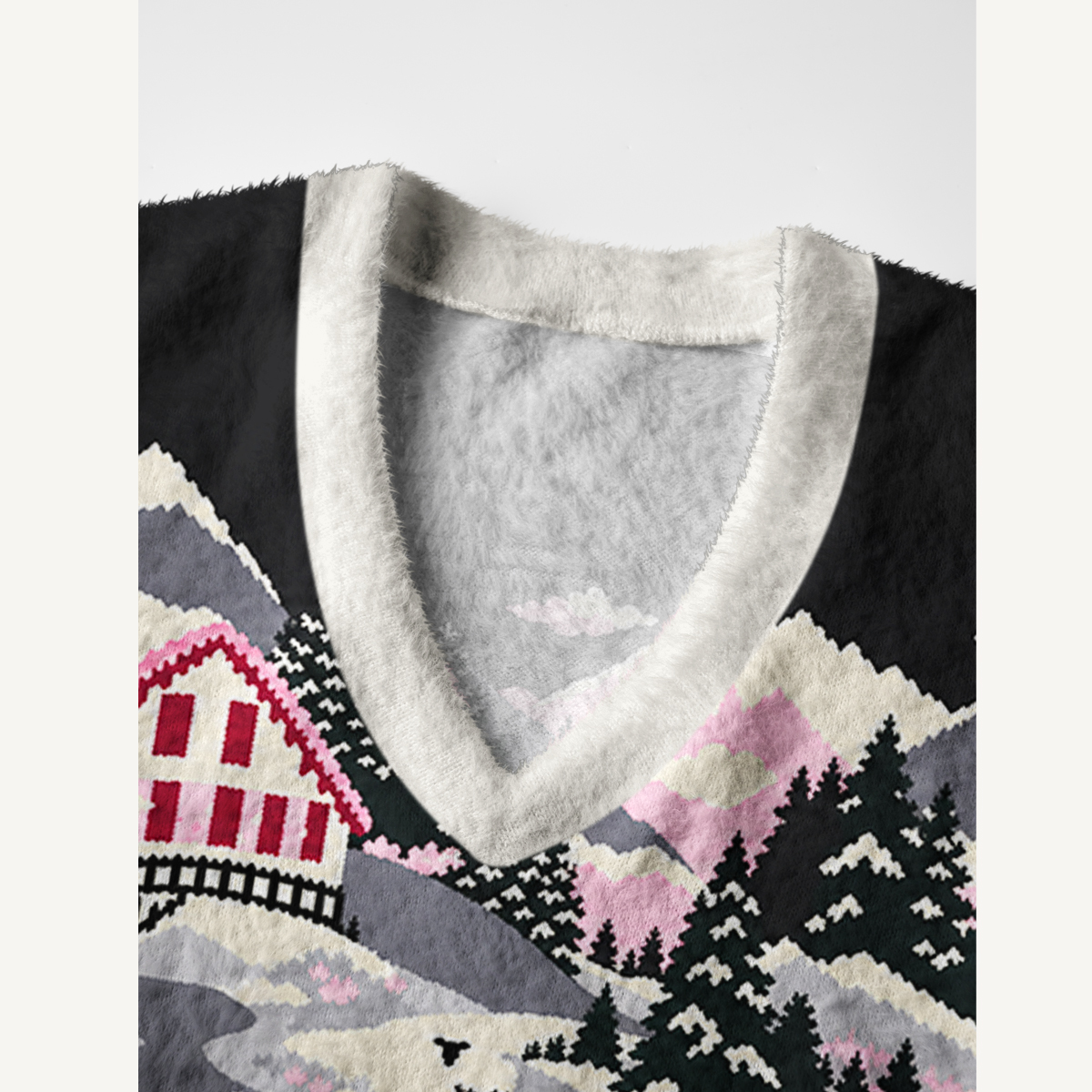 Pink Snowy Cabin Valley Print V-Neck Sweater Vest