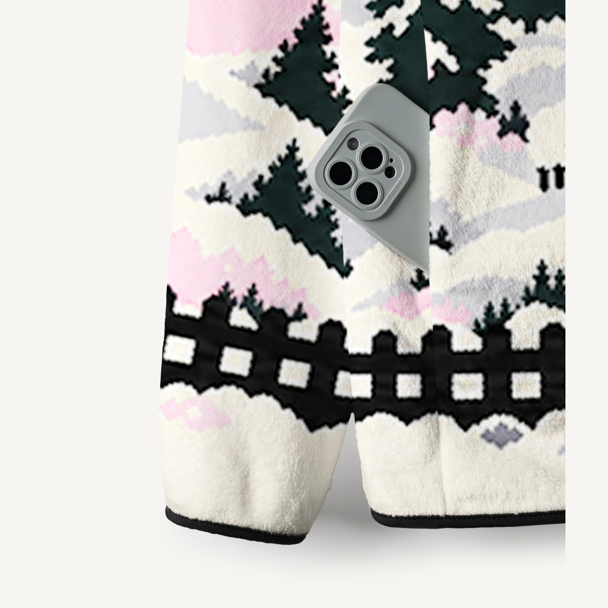 Pink Snowy Cabin Valley Print Fleece Jacket