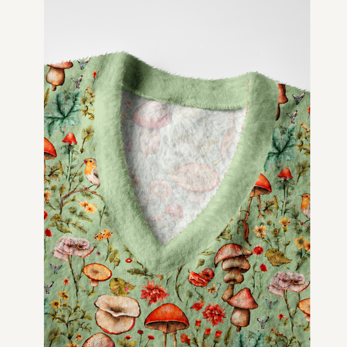 Enchanted Mushroom Forest Fox Print V-Neck Sweater Vest