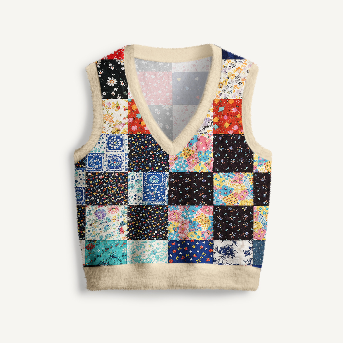 Prairie Cottage Floral Grid Print V-Neck Sweater Vest