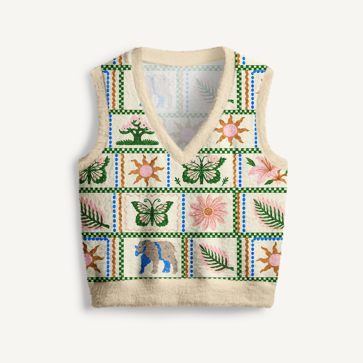 Botanical Folk Art Garden Print V-Neck Sweater Vest