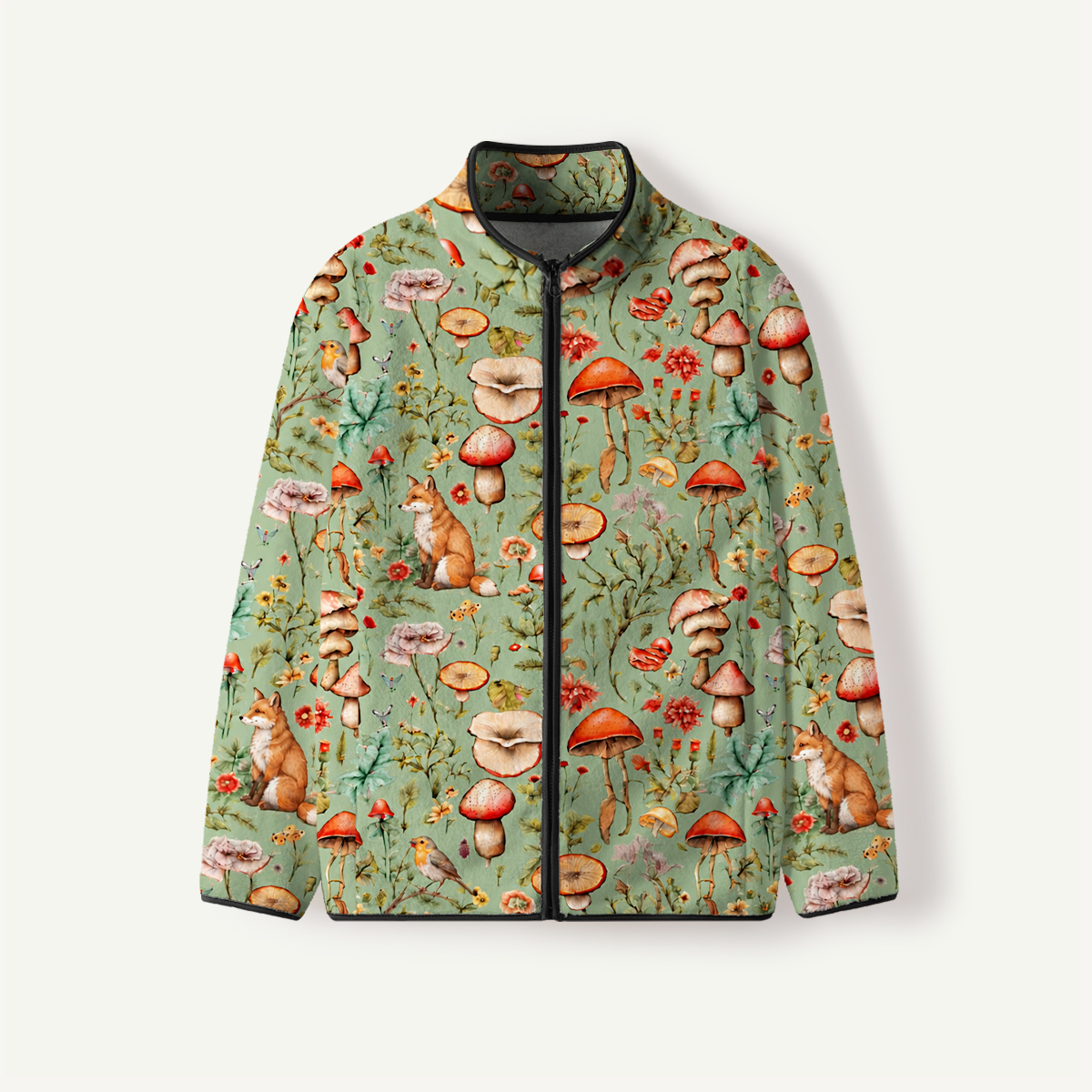 Enchanted Mushroom Forest Fox Print Fleece Jacket