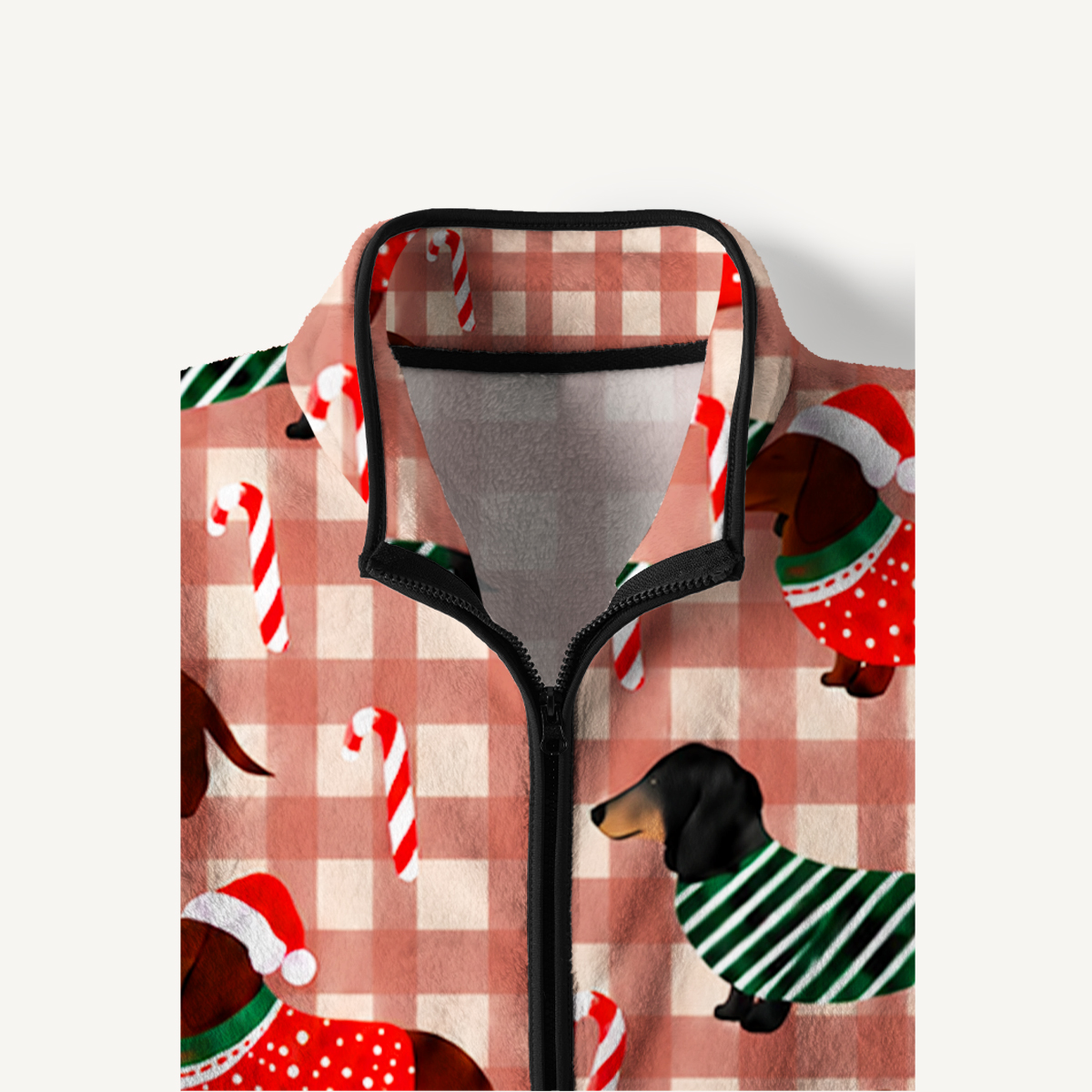 Cozy Dachshund Candy Cane Print Fleece Jacket