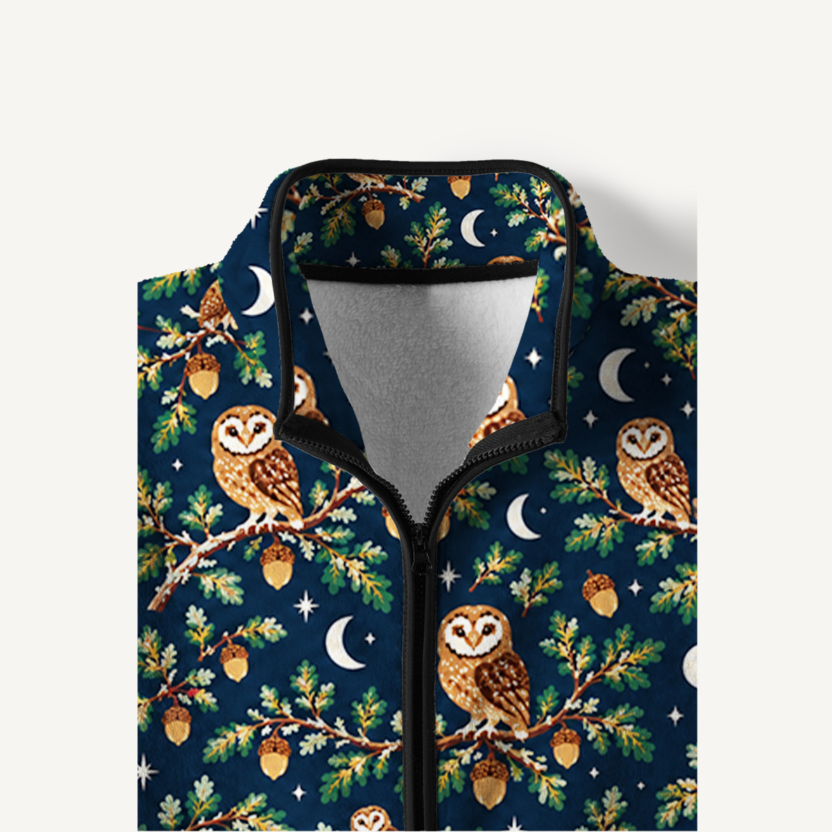 Vintage Night Sky Owls Print Fleece Jacket