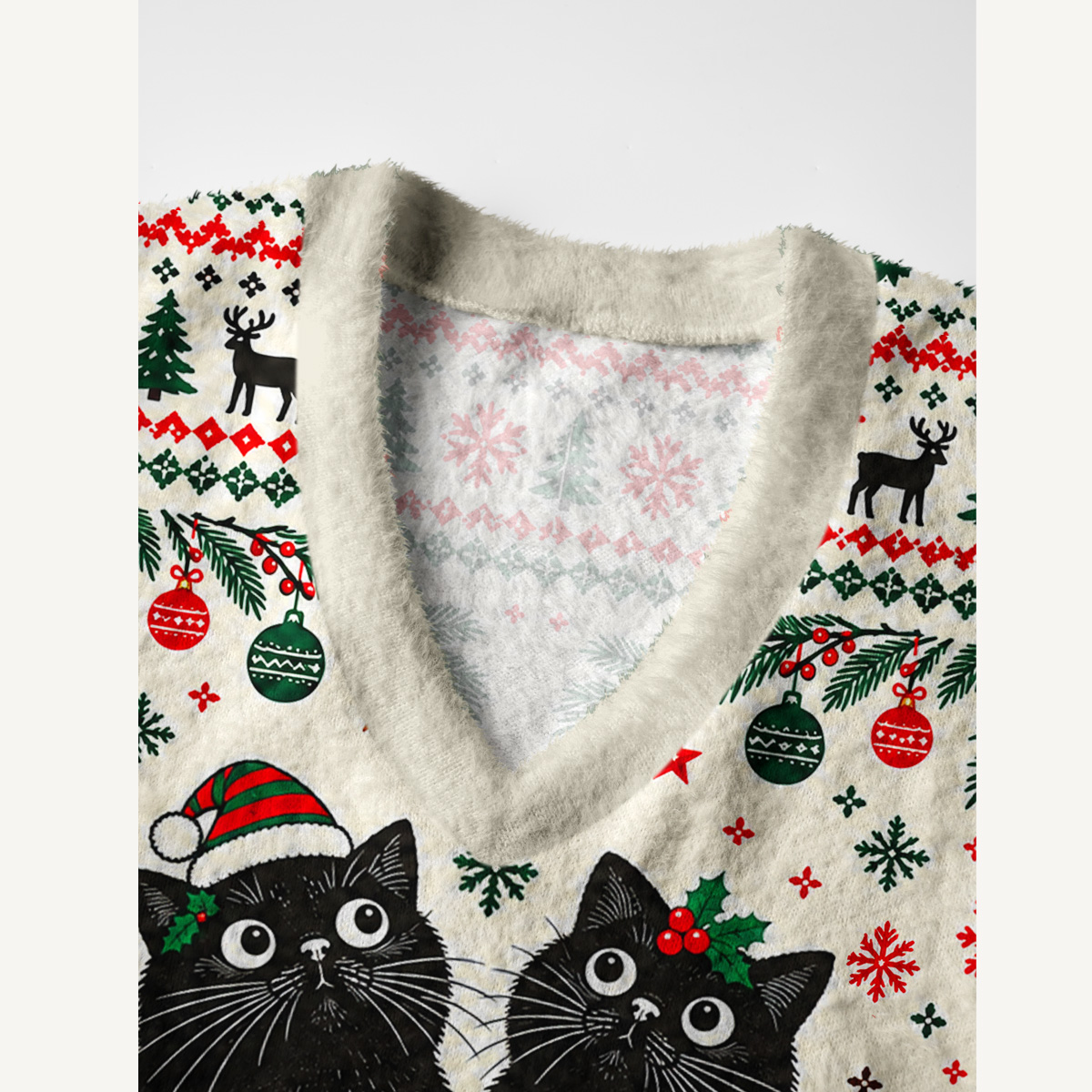 Festive Christmas Black Cats Print V-Neck Sweater Vest