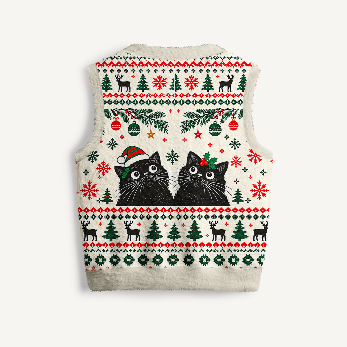 Festive Christmas Black Cats Print V-Neck Sweater Vest