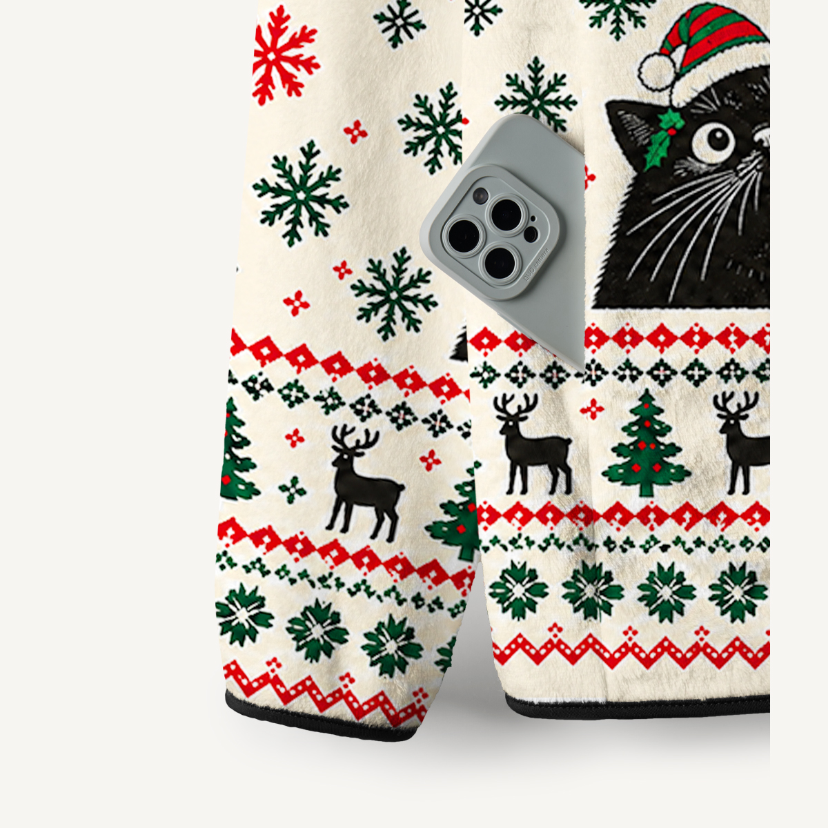 Festive Christmas Black Cats Print Fleece Jacket