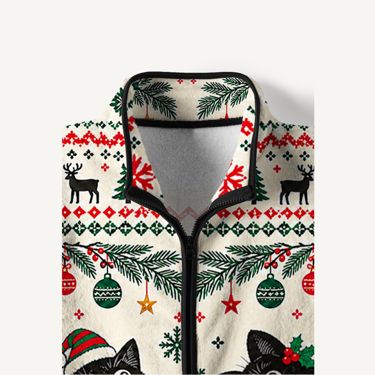Festive Christmas Black Cats Print Fleece Jacket
