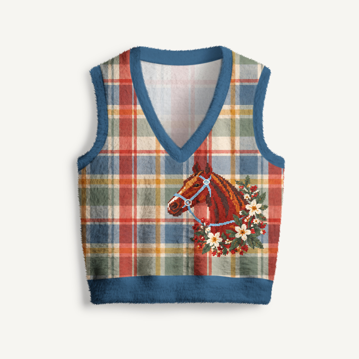 Classic Country Tartan Horse Print V-Neck Sweater Vest