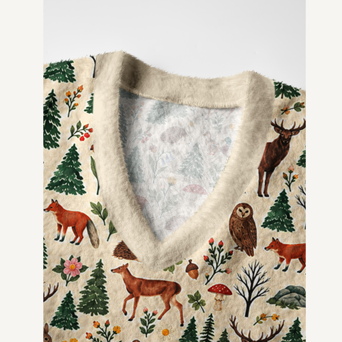 Rustic Wildlife Pine Forest Print V-Neck Sweater Vest