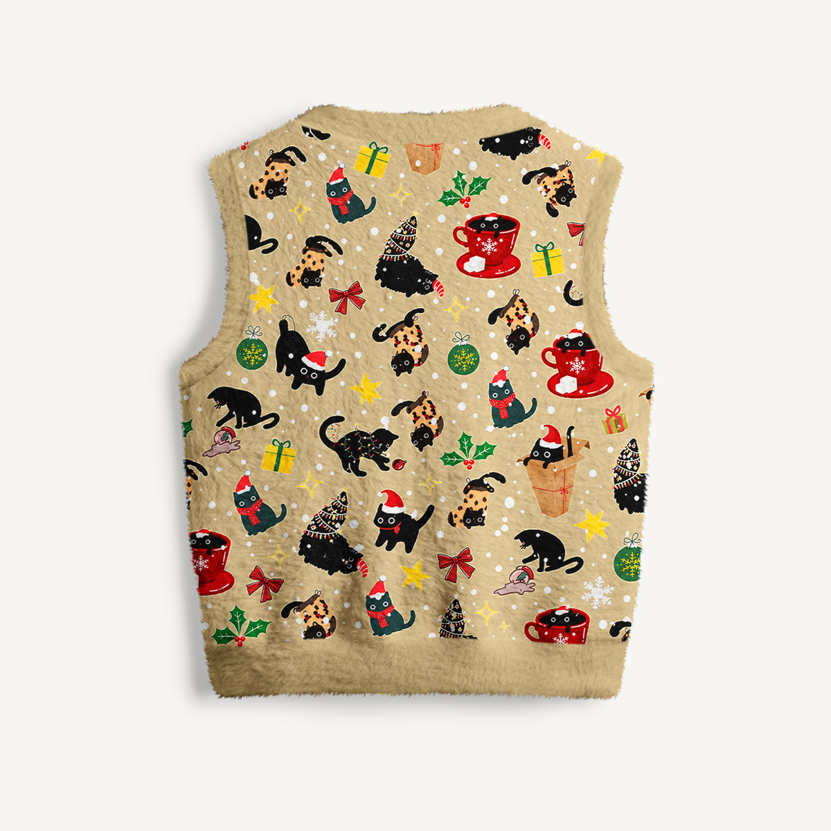 Playful Christmas Black Cats Print V-Neck Sweater Vest