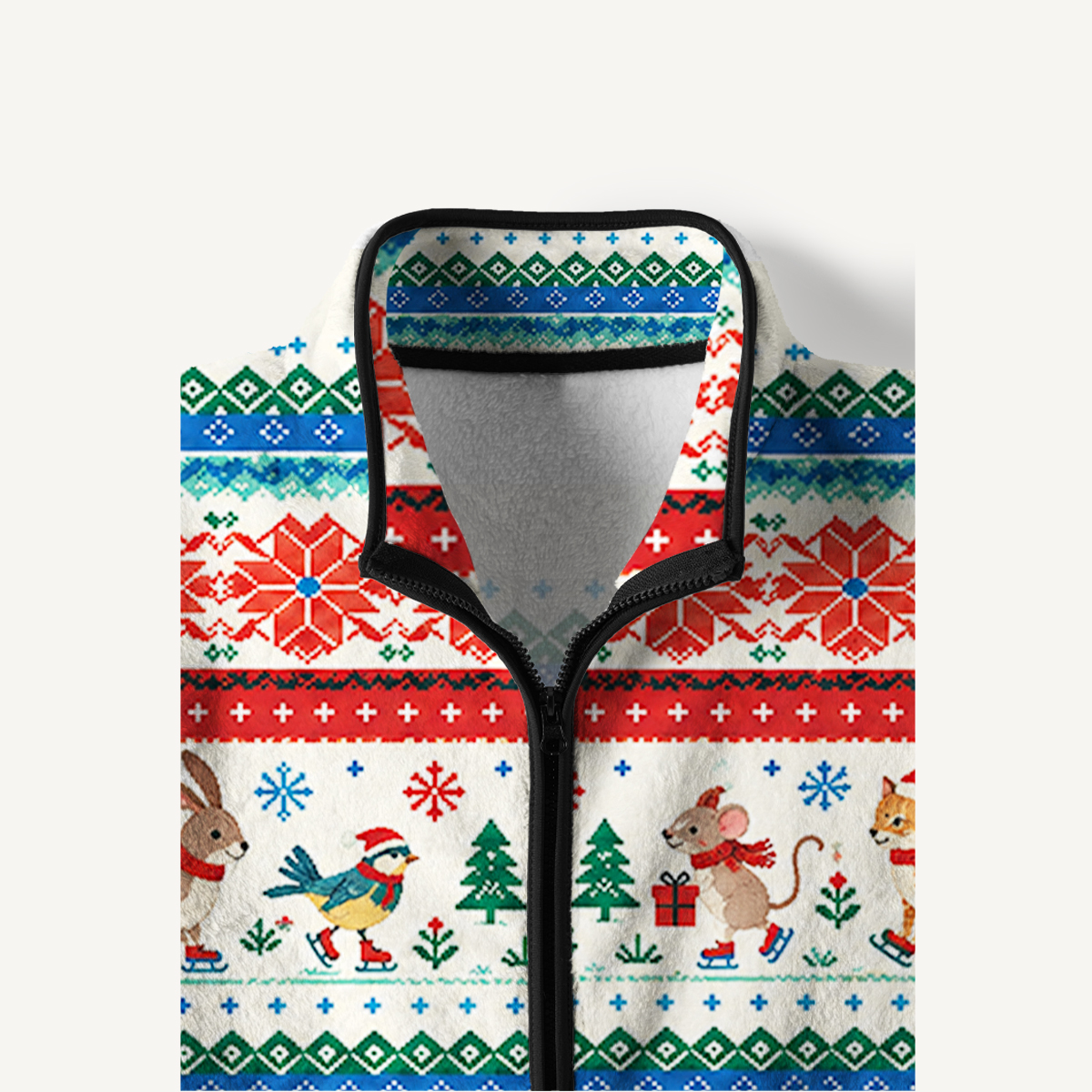 Nordic Holiday Animal Stripe Print Fleece Jacket
