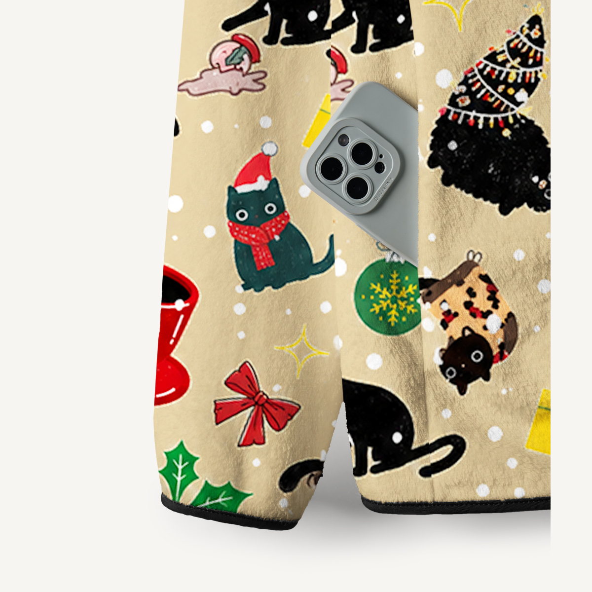 Playful Christmas Black Cats Print Fleece Jacket