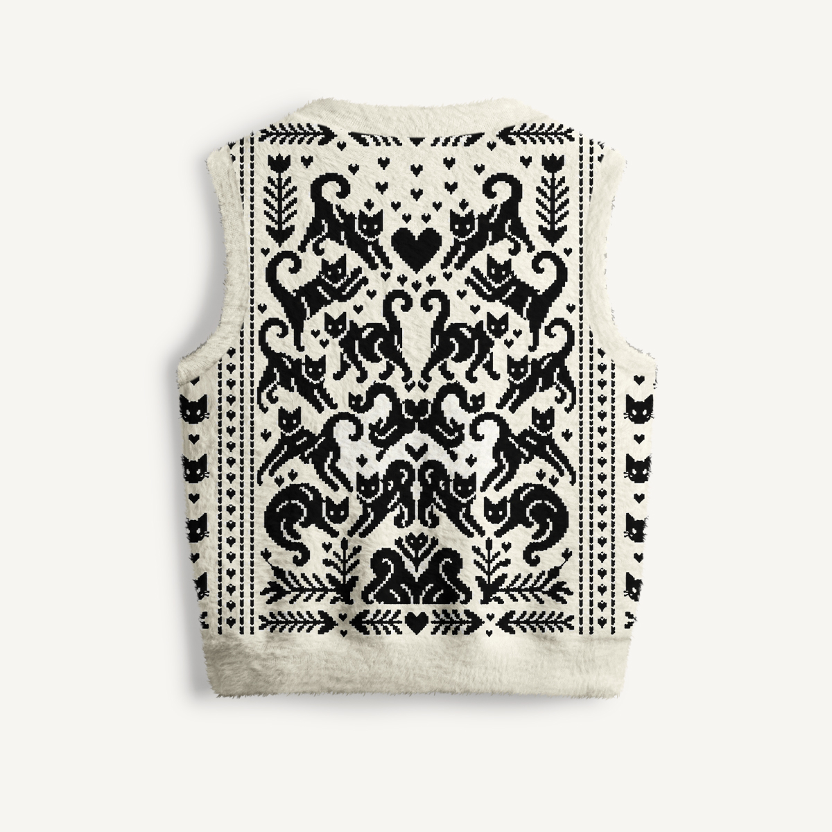 Black Cat Folk Hearts Print V-Neck Sweater Vest