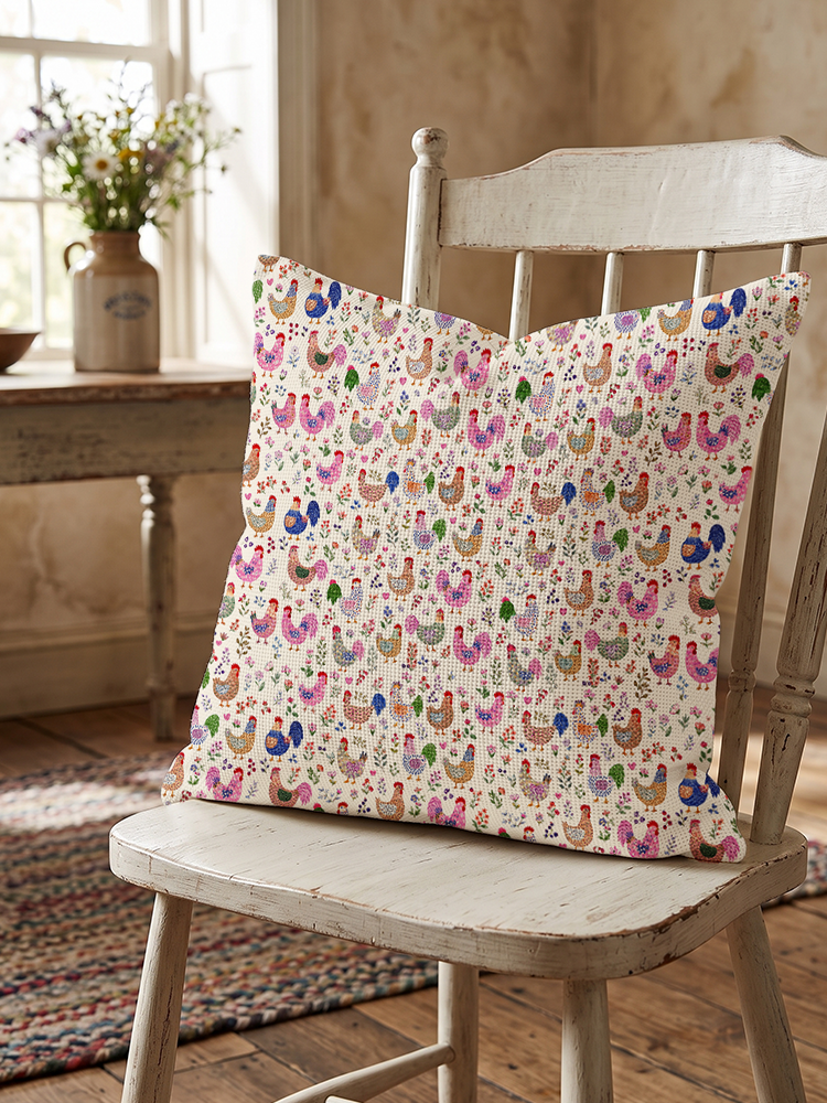 Colorful Farm Chickens Cotton-Linen Pillow