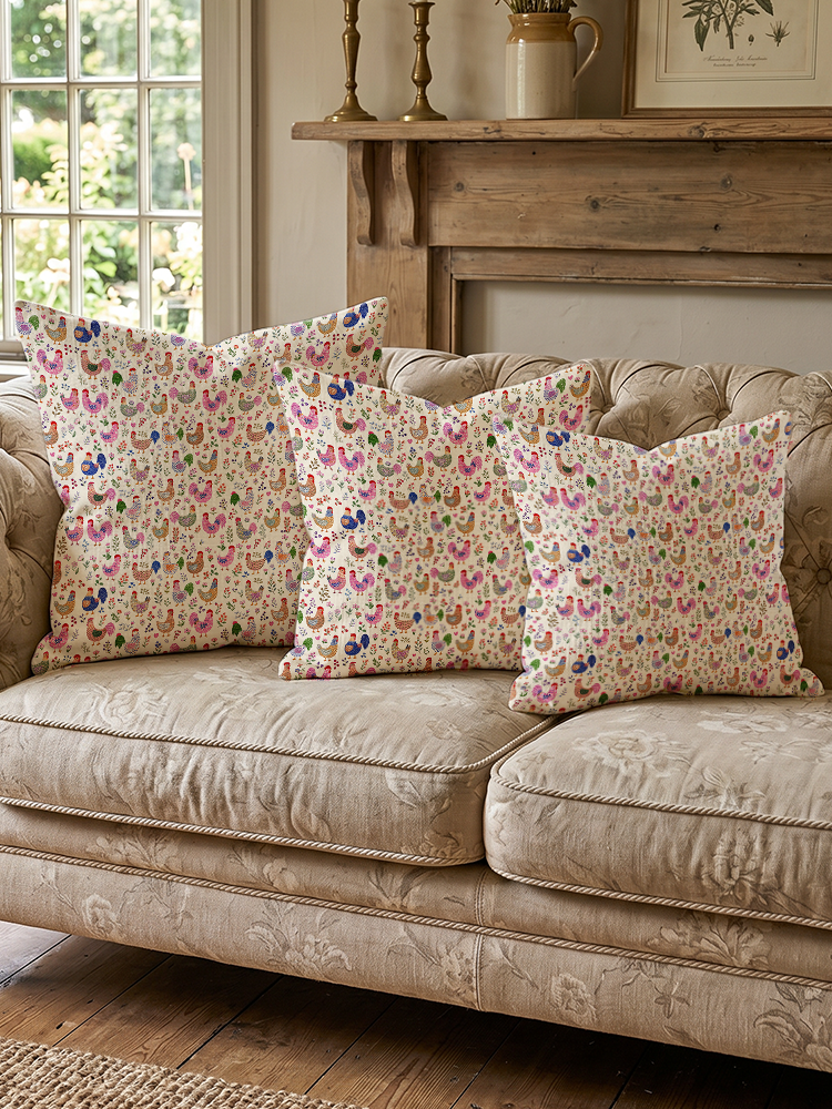Colorful Farm Chickens Cotton-Linen Pillow