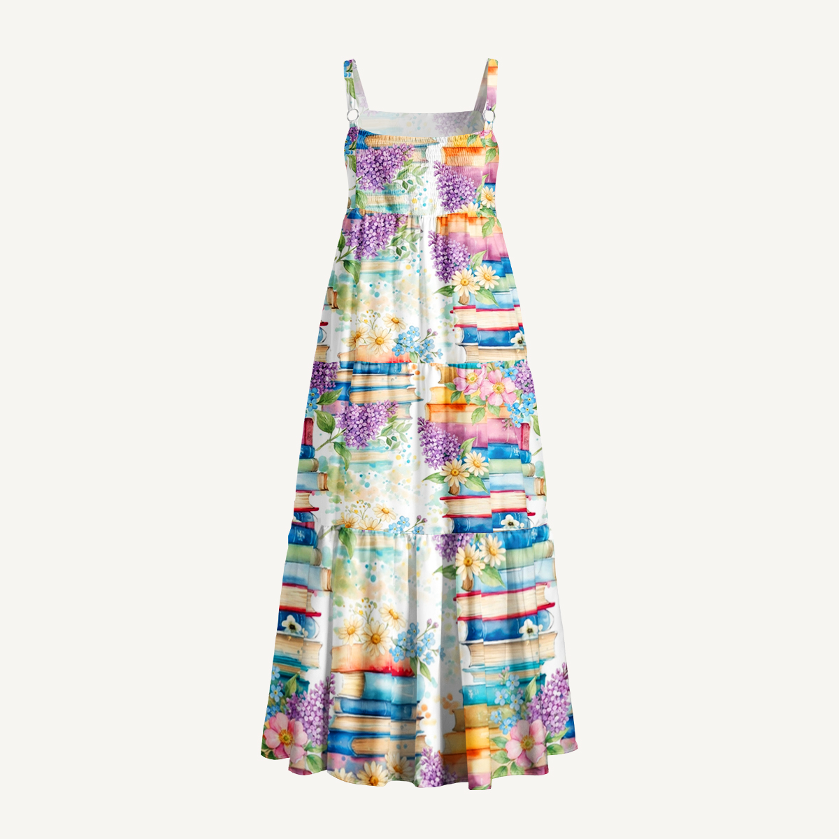 Blooming Bookshelf Print Wide Straps Maxi Dress With Pockets