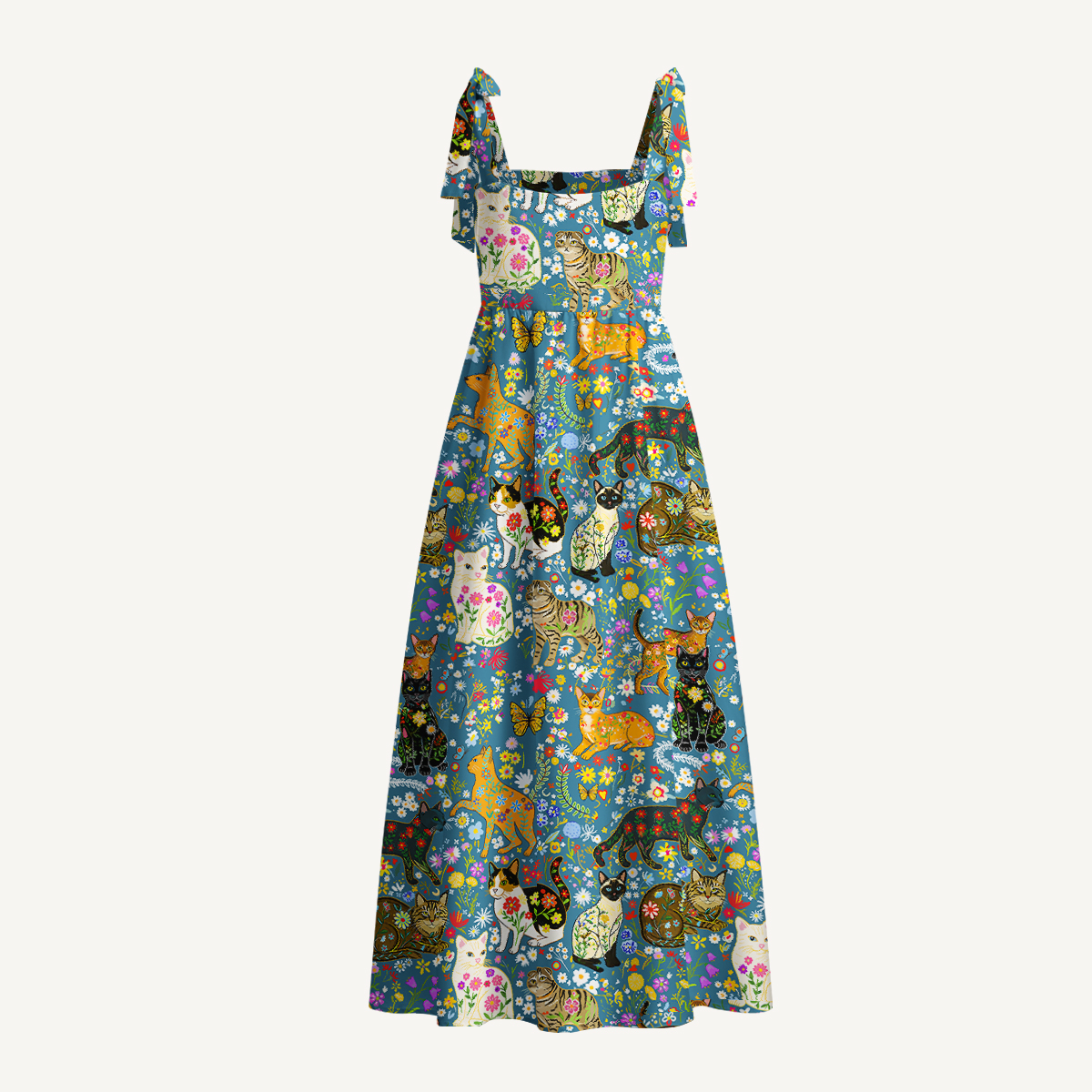 Colorful Garden Cat Print Bow Strap Maxi Dress With Pockets