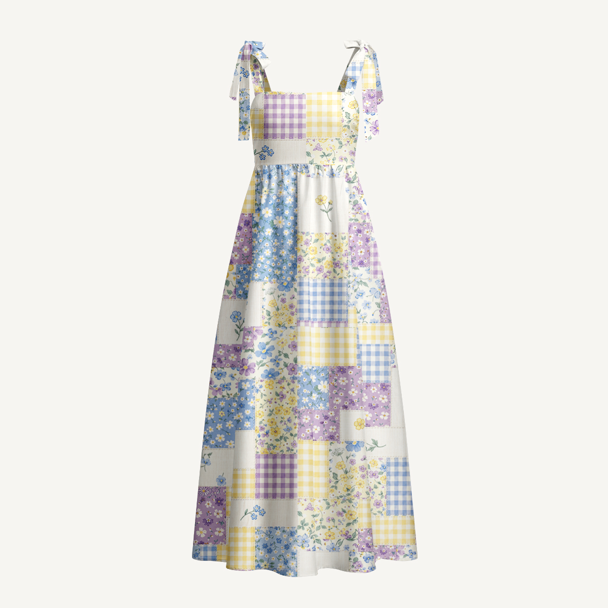 Floral Meadow Patchwork Print Bow Strap Maxi Dress With Pockets
