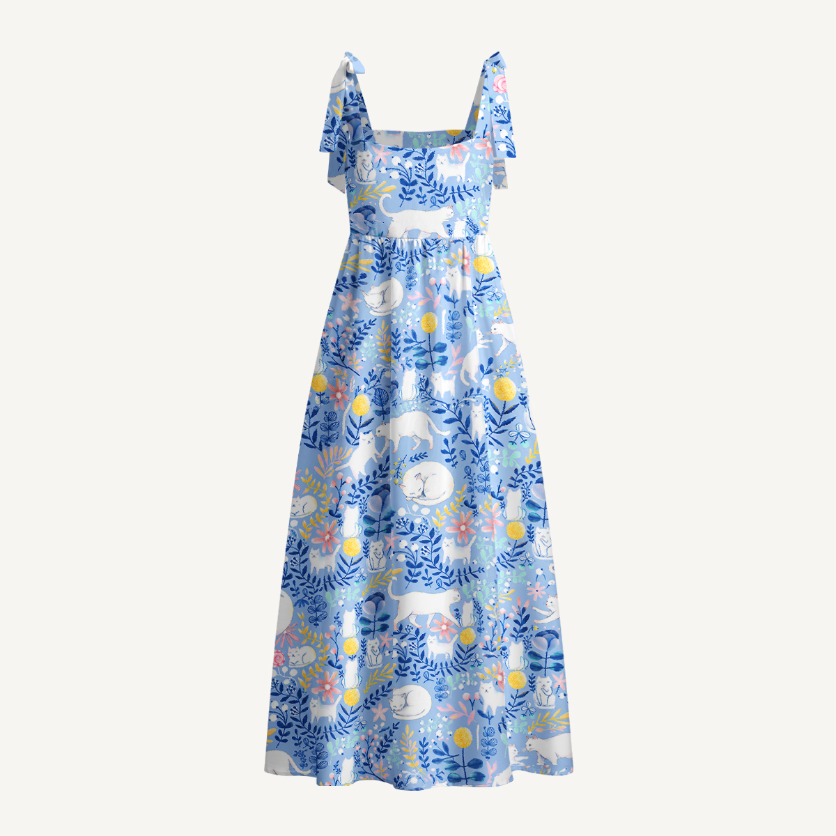 Blue Leaf Cat Print Bow Strap Maxi Dress With Pockets