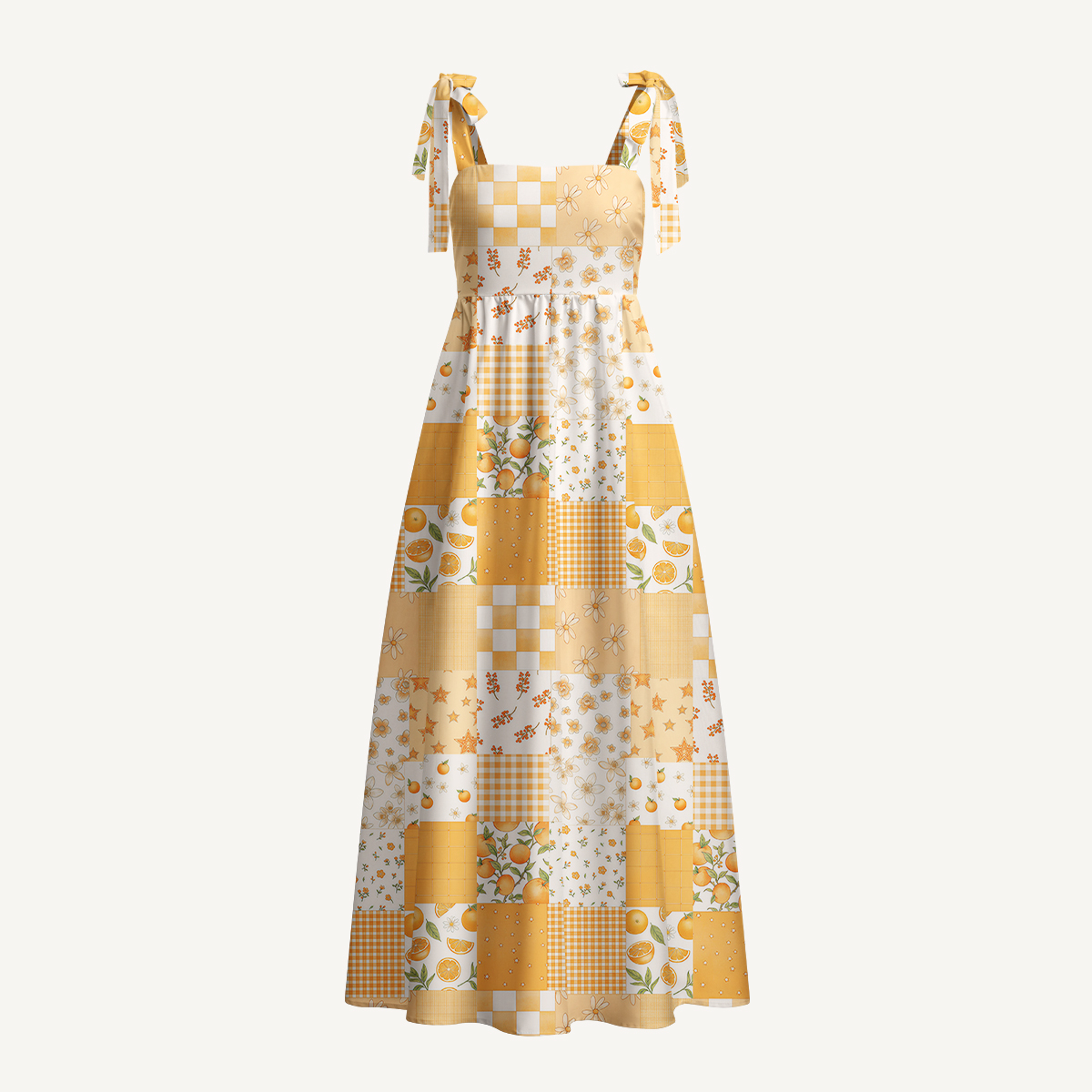 Lemon Sunshine Patchwork Print Bow Strap Maxi Dress With Pockets