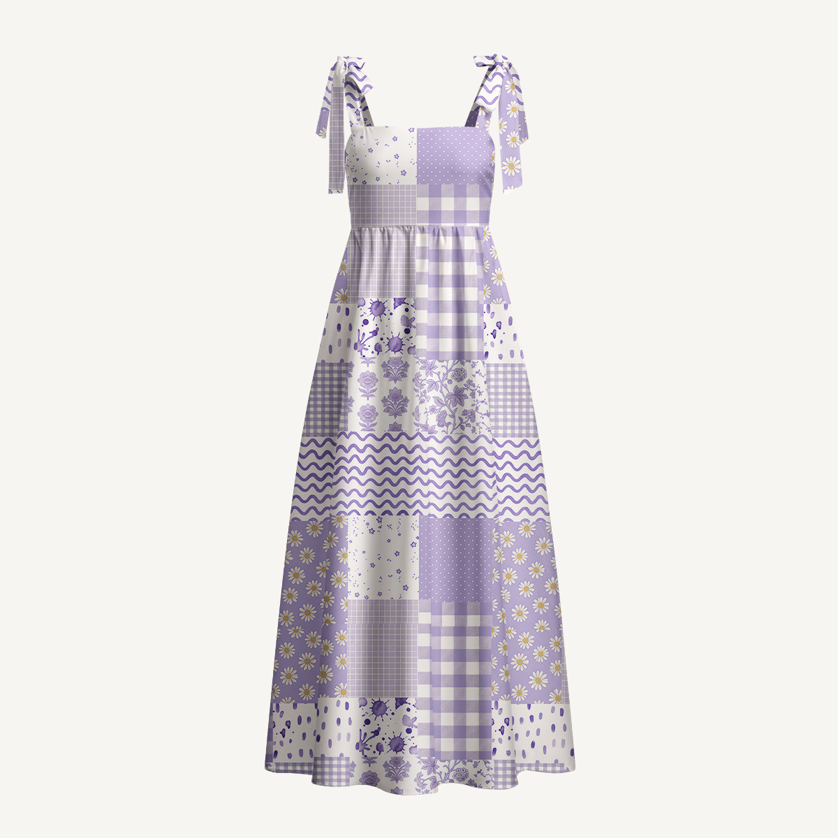 Lavender Field Patchwork Print Bow Strap Maxi Dress With Pockets