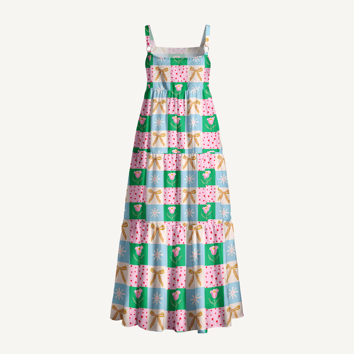 Tulip Ribbon Patchwork Wide Straps Maxi Dress With Pockets