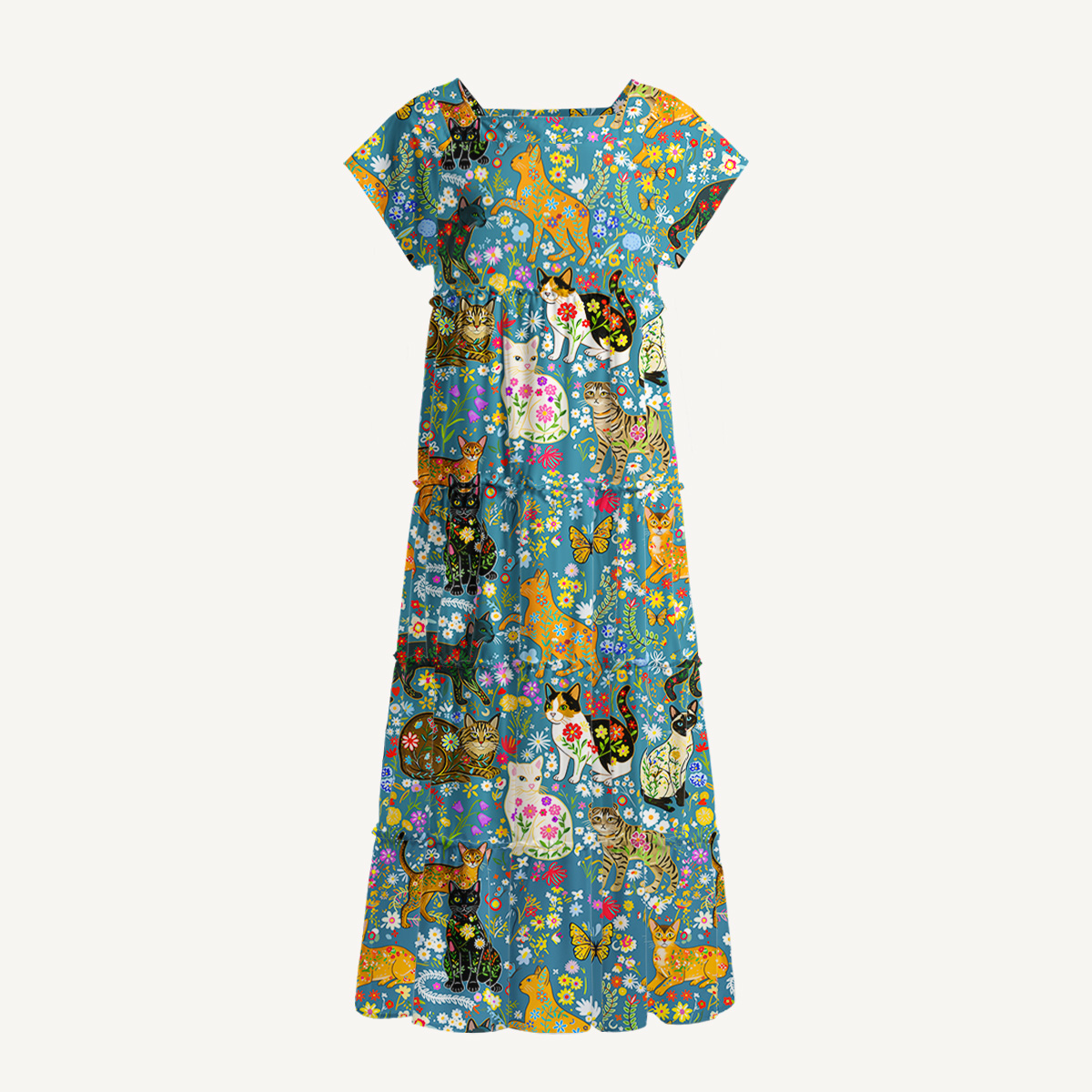Colorful Garden Cat Pattern  Square Neckline Cap Sleeve Maxi Dress