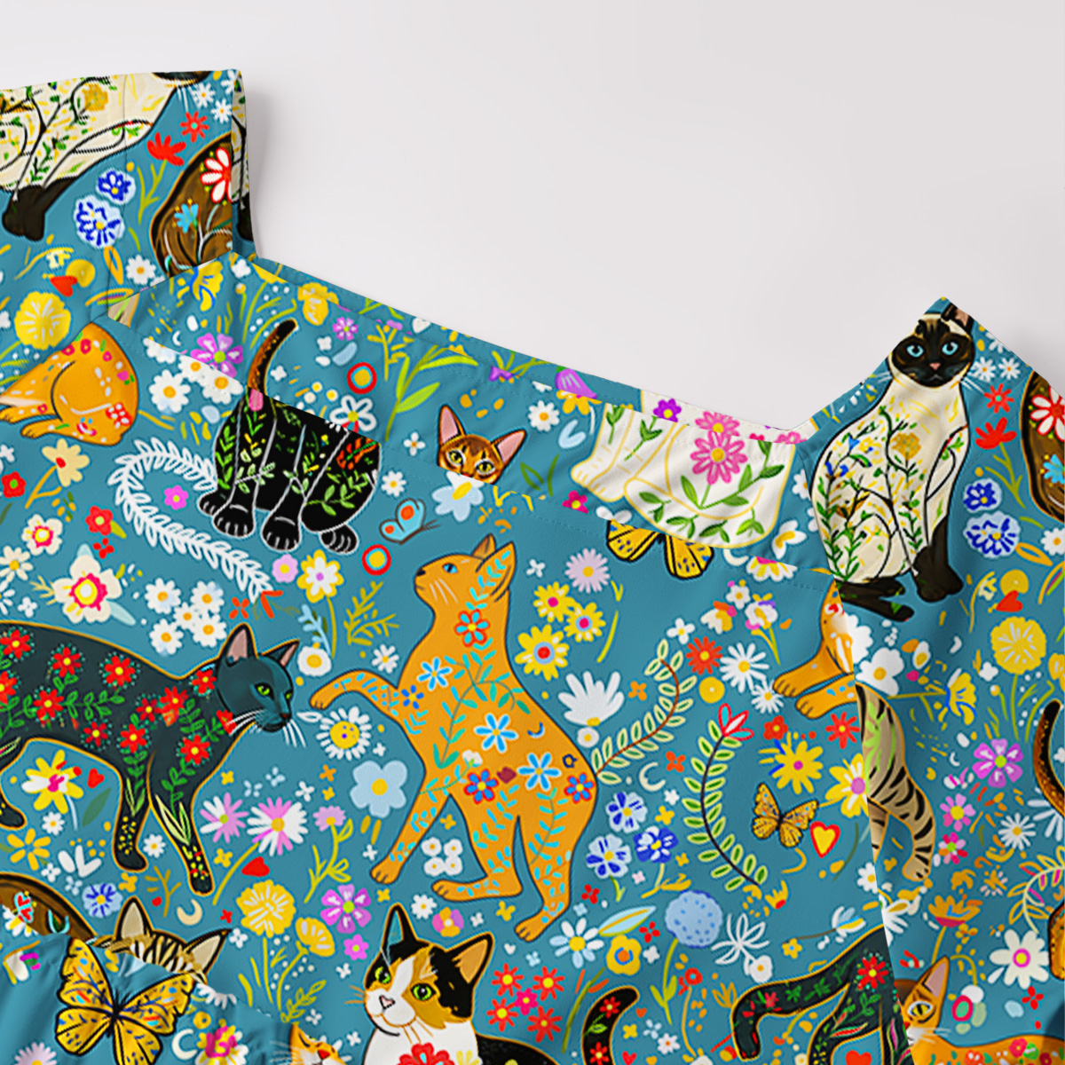 Colorful Garden Cat Pattern  Square Neckline Cap Sleeve Maxi Dress