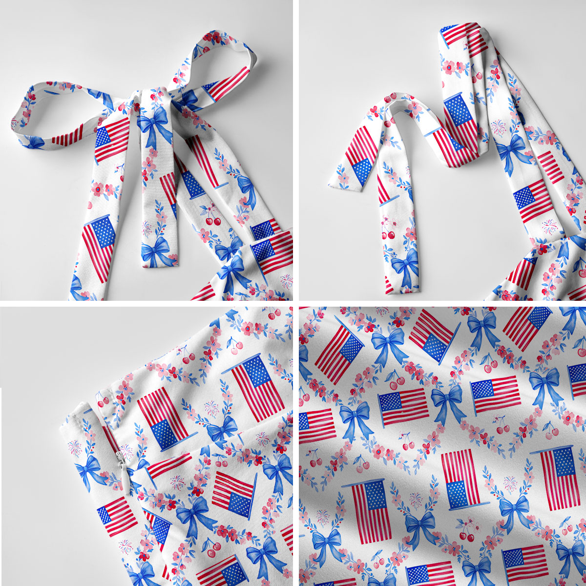 Patriotic Floral Print Bow Strap Maxi Dress