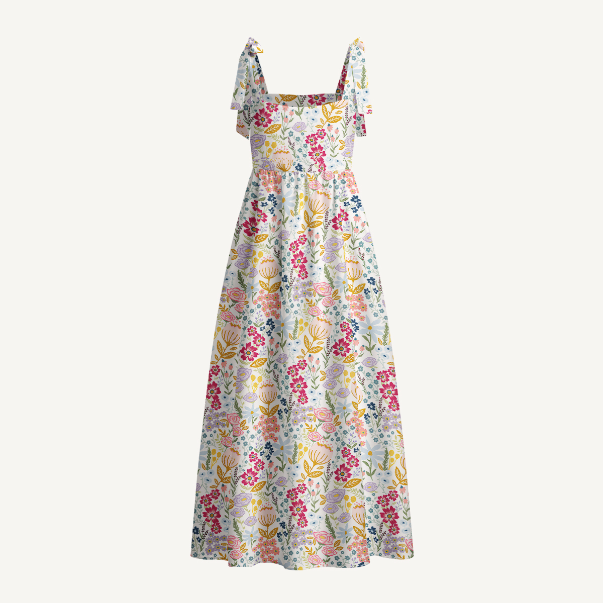 Cottagecore Meadow Flowers Print Bow Strap Maxi Dress