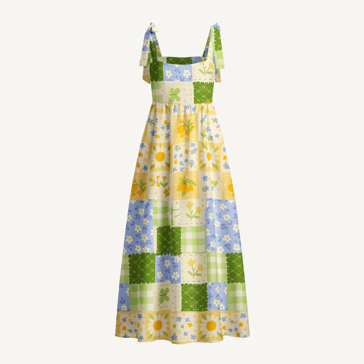 Pastoral Gingham Patchwork Print Bow Strap Maxi Dress